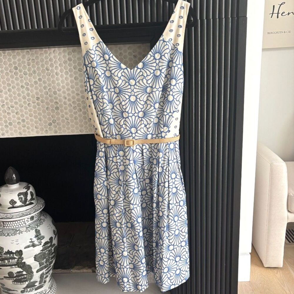 Antonio Melani Blue White Geometric Floral Midi Dress 14